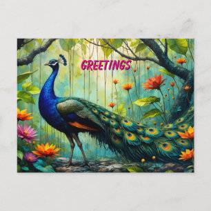 Carte Postale Paon dans un puzzle de jungle florale