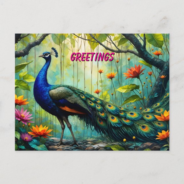 Carte Postale Paon dans un puzzle de jungle florale (Devant)