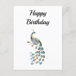 Carte Postale Paon   Joyeux Anniversaire   Minimaliste 