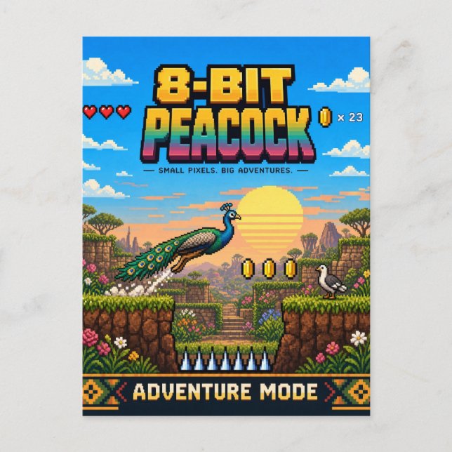 Carte Postale Paon, Pixel Art Rétro 8 Bits (Devant)