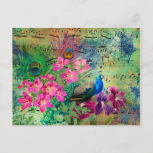 Carte Postale Paon sarcelle bleu vintage Fleurs roses musique