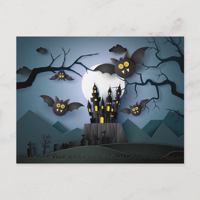 Carte Postale Papercut Haunted Castle et chauves-souris (Devant)