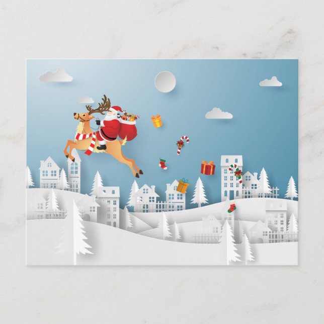 Carte Postale Papercut Père Noël livre un cadeau sur la ville No (Devant)