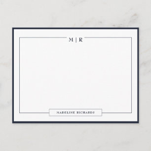 Carte Postale Papeterie classique à bordure bleu marine monogram