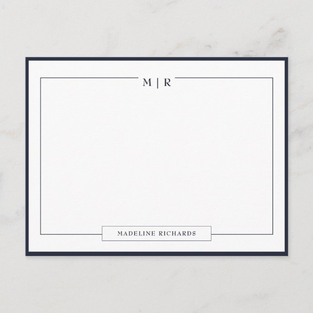 Carte Postale Papeterie classique à bordure bleu marine monogram (Devant)