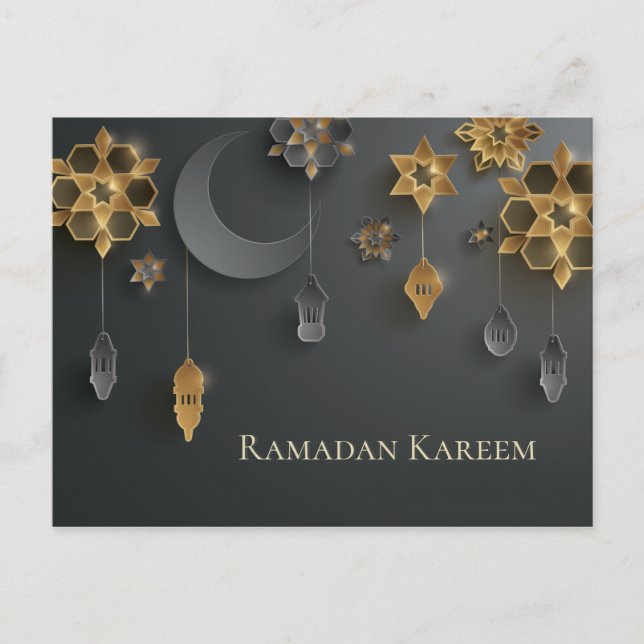 Carte Postale Papier coupé Lanternes Ramadan, Lune, Fleurs, Noir (Devant)