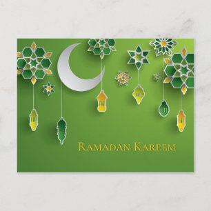 Carte Postale Papier coupé Lanternes Ramadan, Lune, Fleurs, Vert