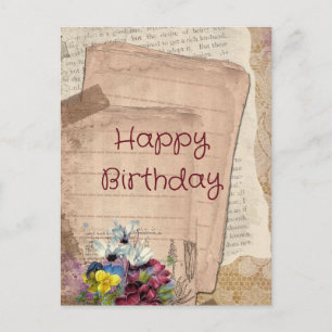 Carte Postale Papiers et fleurs vintage Joyeux Anniversaire
