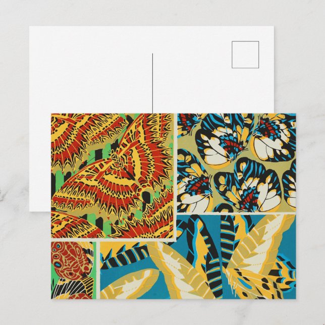 Carte Postale Papillon Art Déco Jaune et Turquoise Vibrants (Devant / Derrière)
