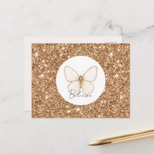 Carte Postale Papillon Blanc Pailleté Faux Or