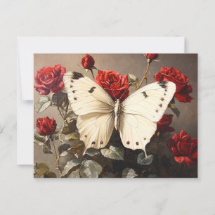 Carte Postale Papillon blanc reposant parmi les roses rouges vib