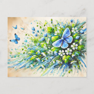 Carte Postale Papillon bleu avec fleurs Forget-Me-Not à l'huile