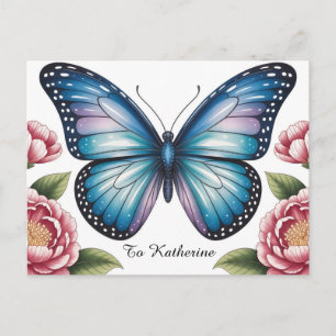 Carte Postale Papillon bleu céleste et pivoine rose avec texte