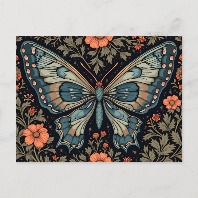 Carte Postale Papillon Bleu Fleurs Orange (Devant)