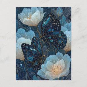 Carte Postale Papillon bleu marine et or avec fleur blanche