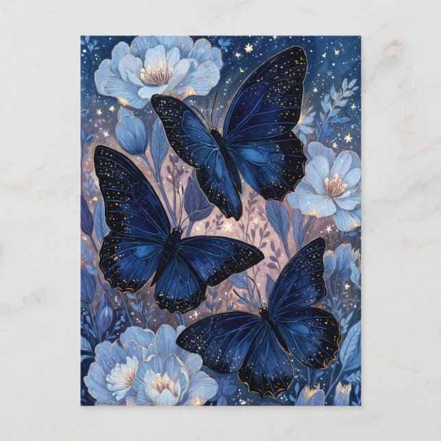 Carte Postale Papillon bleu marine et or avec fleur bleue (Devant)