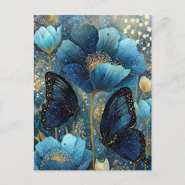 Carte Postale Papillon bleu marine et or avec fleur sarcelle (Devant)