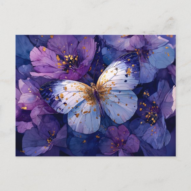 Carte Postale Papillon Bleu sur Fleurs Violettes (Devant)