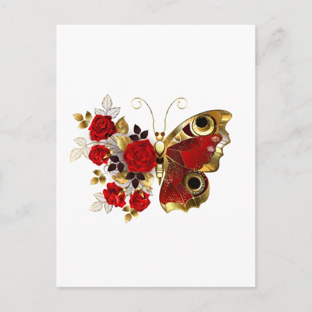 Carte Postale Papillon de fleurs rouges aux roses rouges (Devant)