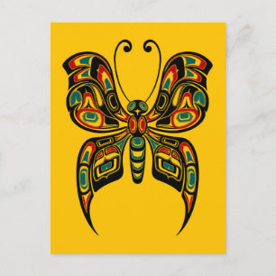 Carte Postale Papillon d'esprit Haida rouge et vert sur fond jau