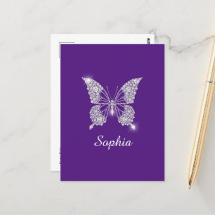 Carte Postale Papillon Diamant Blanc, Nom de Script, Violet Roya
