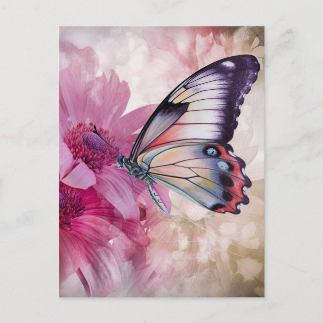 Carte Postale Papillon Dreamy aux fleurs roses (Devant)