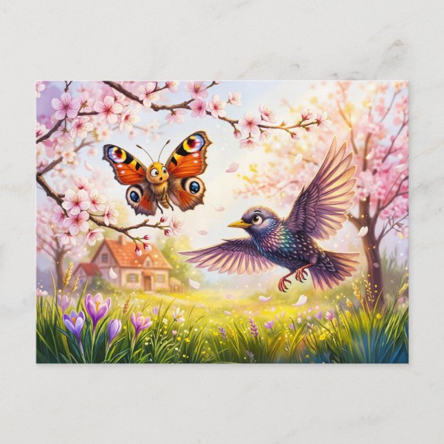 Carte Postale Papillon effrayé par un oiseau sous les fleurs de  (Devant)