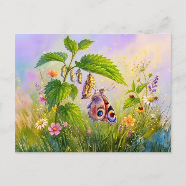 Carte Postale Papillon émergeant de sa chrysalide sur des orties (Devant)