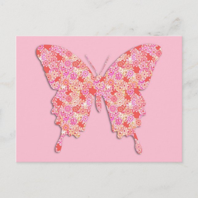 Carte Postale Papillon en motif de fleurs - rose, orange (Devant)