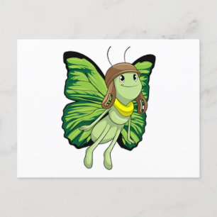 Carte Postale Papillon en pilote avec chapeau de pilote