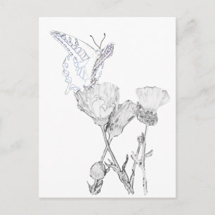 Carte postale - Papillon et fleurs à colorier
