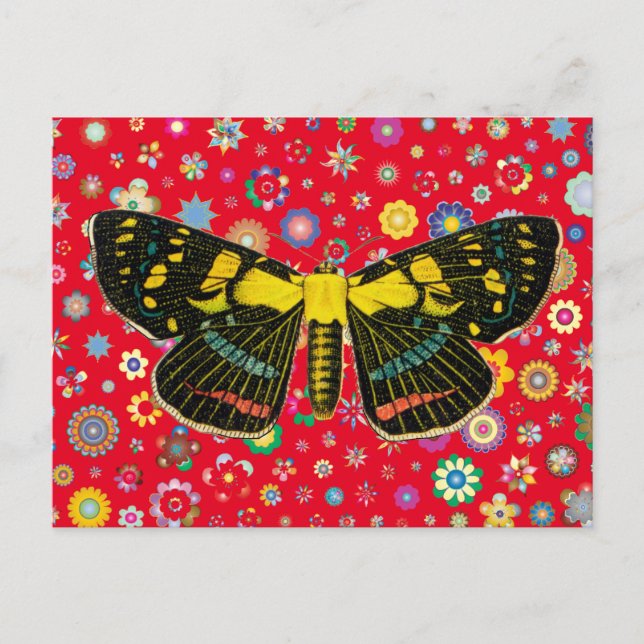 Carte Postale papillon fleurs nature faune art rouge (Devant)