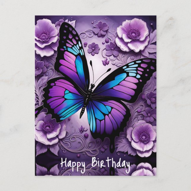 Carte Postale Papillon floral anniversaire violet  (Devant)