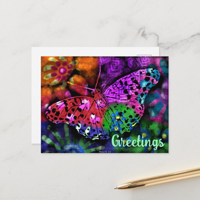 Carte Postale Papillon Insecte Abstrait violet vert rose orange (Devant/Arrière en situation)