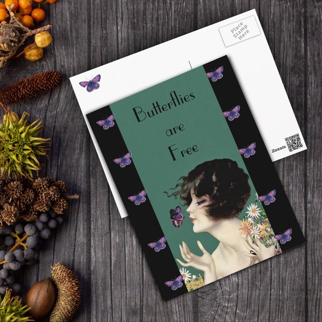 Carte postale Papillon Lady (Vintage lady holding daisy flowers with purple butterflies on green and black postcard.)