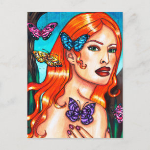Carte Postale Papillon Lady Nature Girl Dessin d'art original Po