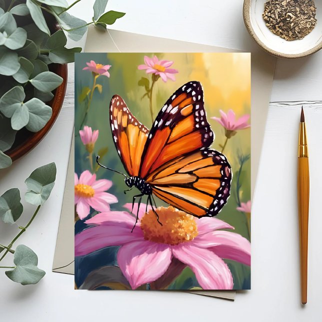 Carte Postale Papillon Monarque Fleur Rose Peinture Florale (Créateur téléchargé)