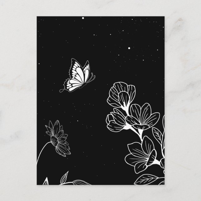 Carte Postale Papillon noir et blanc et fleurs à l'art nocturne (Devant)