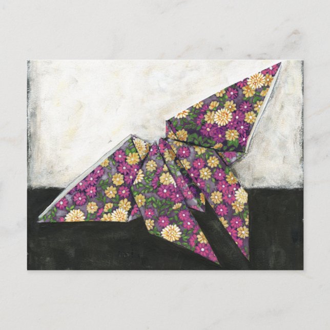Carte Postale Papillon Origami sur papier floral (Devant)