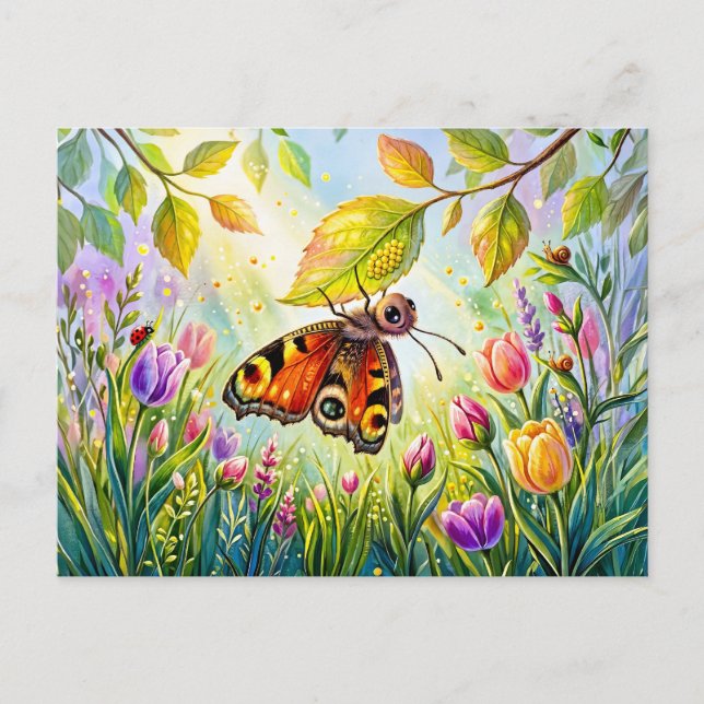Carte Postale Papillon pondant des œufs sous une feuille (Devant)