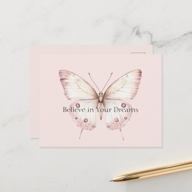 Carte Postale Papillon Rose Pâle Croire en les Rêves (Devant/Arrière en situation)