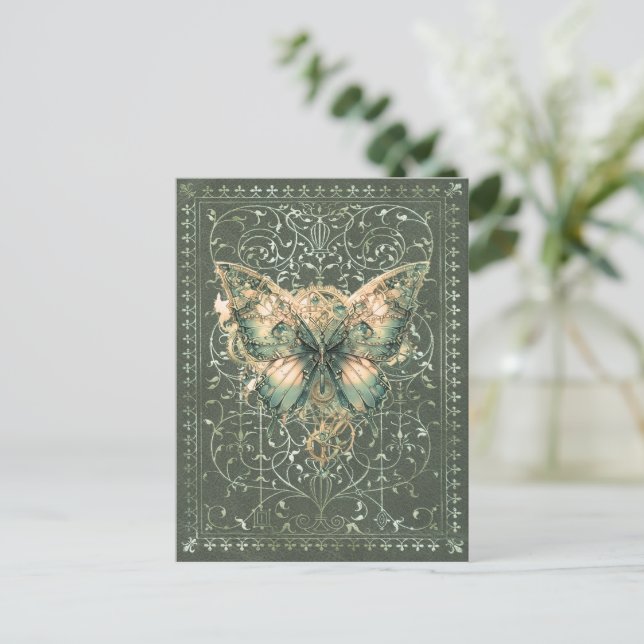 Carte Postale Papillon Steampunk vert élégant  (Debout devant)
