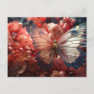Carte Postale Papillon transparent, baies et fleurs