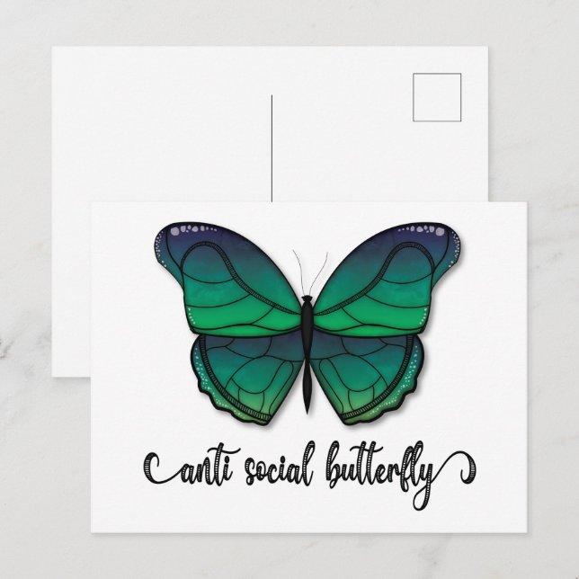 Carte Postale Papillon vert anti-social (Devant / Derrière)