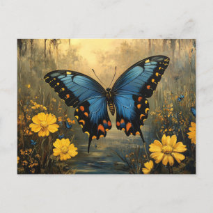 Carte Postale Papillon vintage et fleurs jaunes peinture