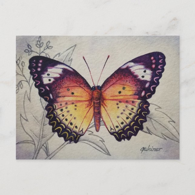 Carte Postale Papillon vintage no 3 Aquarelle Art (Devant)