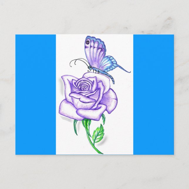 Carte Postale Papillon Violet avec Rose (Devant)