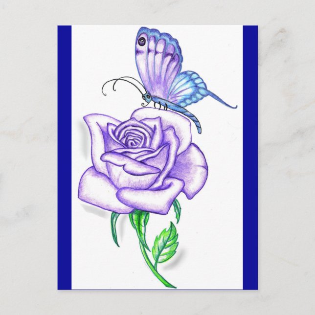 Carte Postale Papillon Violet avec Rose (Devant)