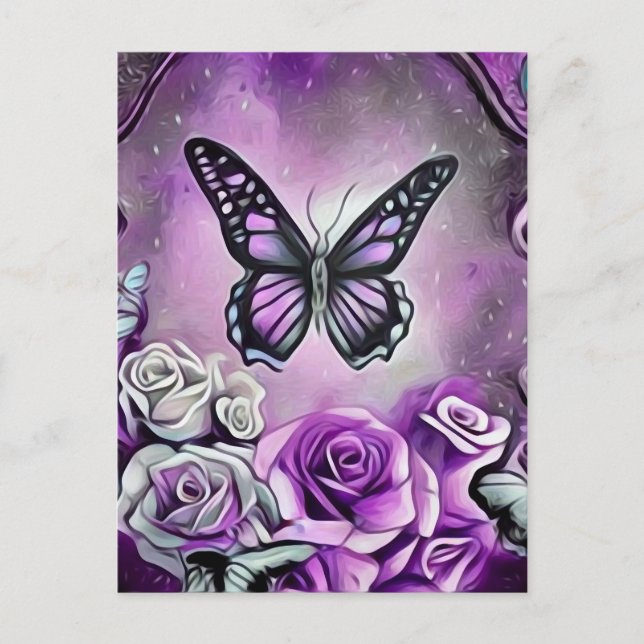 Carte Postale Papillon Violet & Roses (Devant)