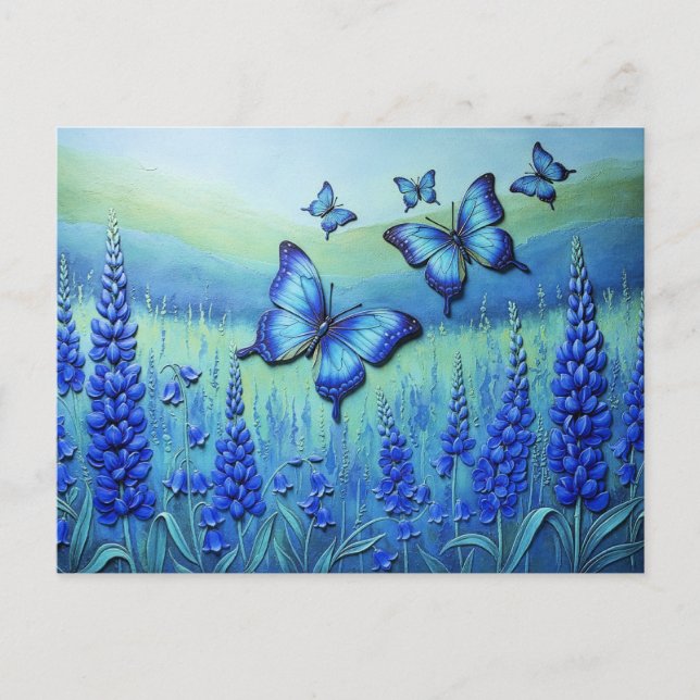 Carte Postale Papillons bleus avec des fleurs bleues, (Devant)